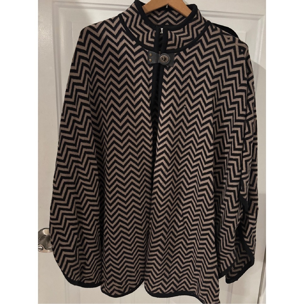 Liz Claiborne Chevron Cardigan Topper‎ Open Front Black Beige L/XL